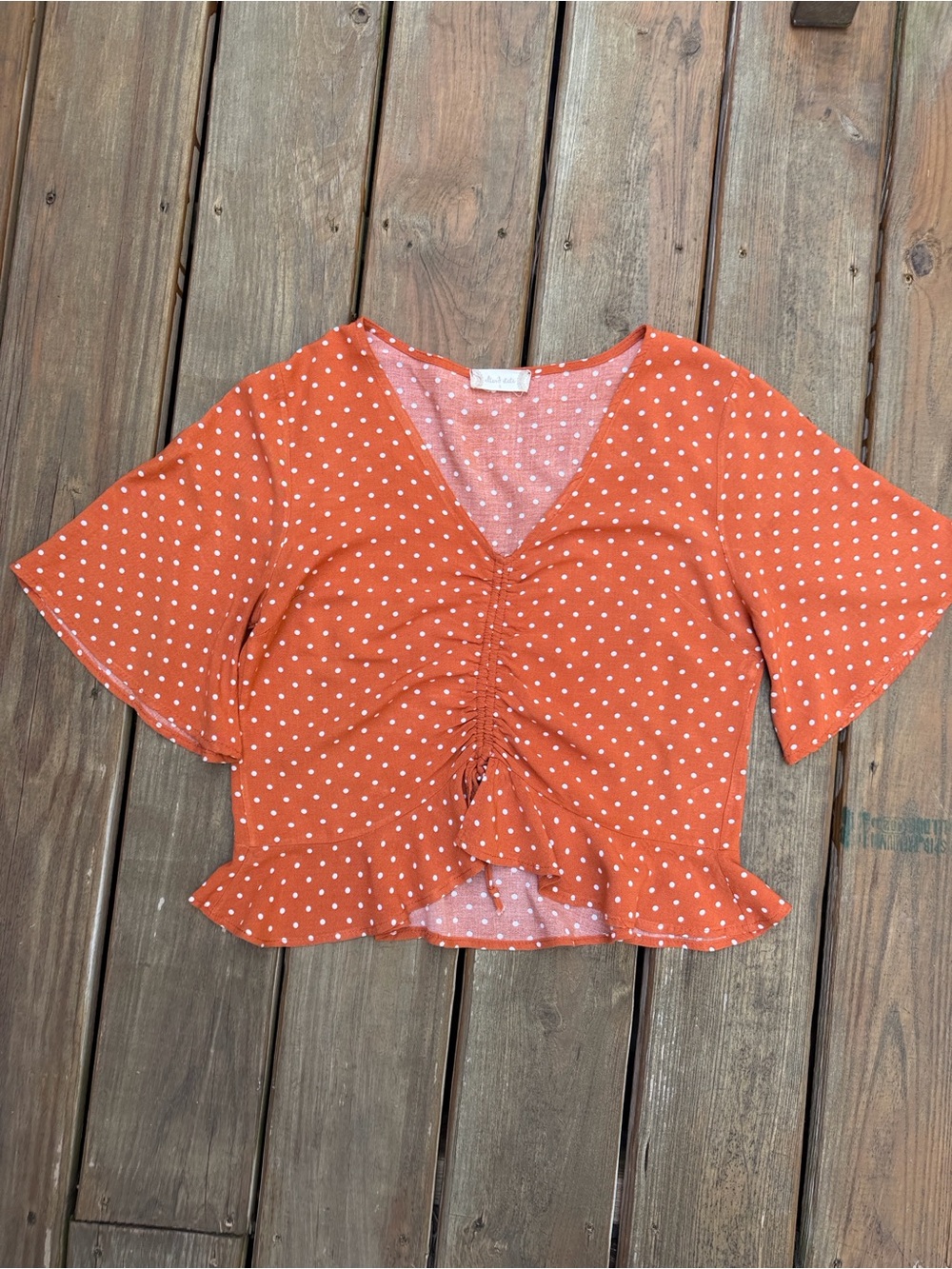 Altar'd State Orange Polka Dot Ruched Peplum Crop Top Small
